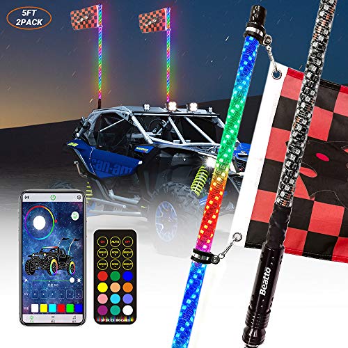 Beatto 2PCS 5FT(1.5M) LED Whips Light With Dacning/Chasing and Can Controlled by remote and app Simultaneously with Lock Function