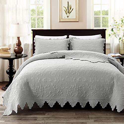 Brandream Luxury Farmhouse Bedding Quilt Set Grey King Size Quilted Bedspread Coverlet Set Cotton(98x106) with Standard Size Pillow Shams 3 Piece