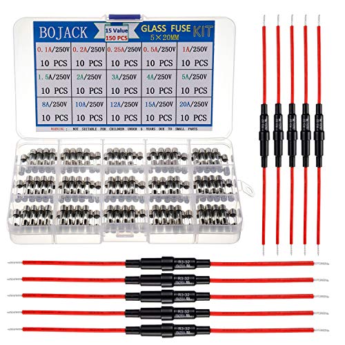 BOJACK 5x20 mm Fuse Holder Inline Screw Type with 16 AWG Red Wire + 15 Values 150 Pcs 5x20mm Fast Blow Glass Fuses 250 V 0.1 0.2 0.25 0.5 1 1.5 2 3 4 5 8 10 12 15 20 A Assortment Kit