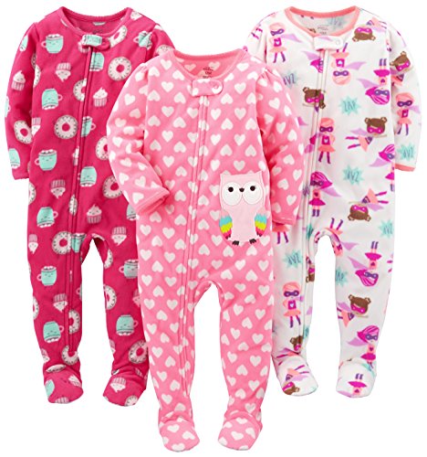 Simple Joys by Carter's Baby Girls' 3-Pack Flame Resistant Fleece Footed Pajamas, Superhero/Donut/Owl, 12 Months