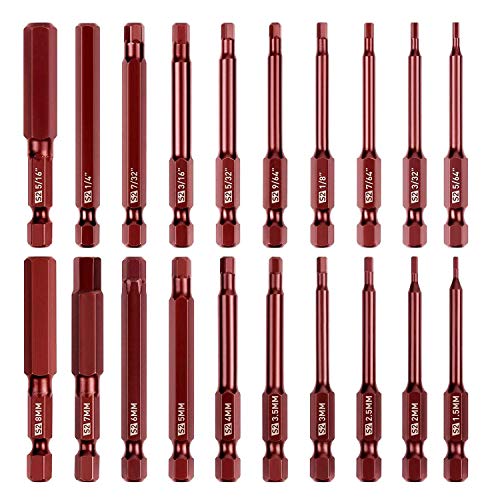 Amartisan 20 PACK Hex Head Allen Wrench Drill Bit Set, Metric and SAE S2 Steel Hex Bits Set, Magnetic Tips, 2.3' Long With Storage box