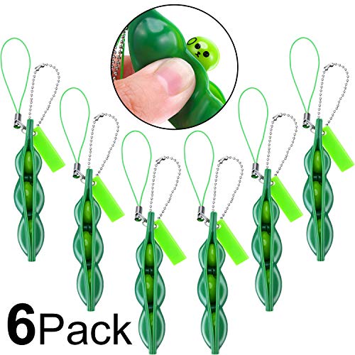 Gejoy 6 Pieces Fidget Bean Toy Funny Facial Expressions Soybean Key Ring for Reducing Stress and Anxiety