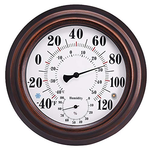 Indoor Outdoor Thermometer Wireless - Wall Thermometer Hygrometer with Stainless Steel Enclosure for Patio, Wall or Decorative, No Battery Required Hanging Hygrometer Round 8' in Diameter (Bronze)