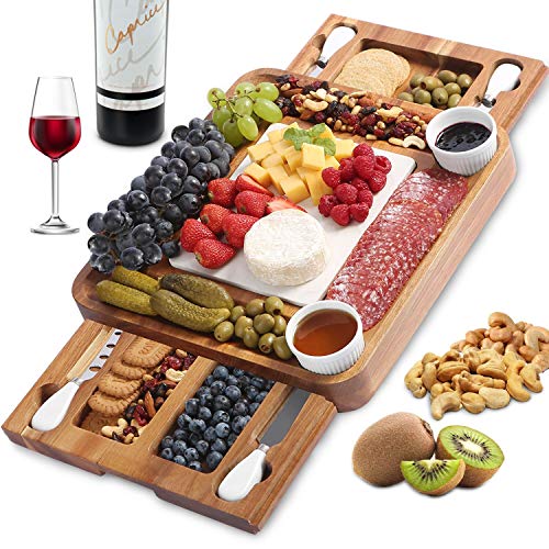 ABELL Cheese Board and Knife Set, Acacia Charcuterie Boards Platter Serving Tray with Double Side Marble Slab for Housewarming Party Birthday Wedding Gifts