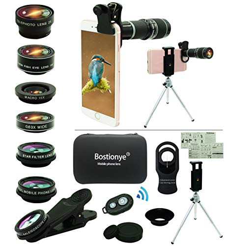 Cell Phone Camera Lens Kit,11 in 1 Universal 20x Telephoto Lens,0.63Wide Angle+15X Macro+198°Fisheye+2X Telephoto+Kaleidoscope+CPL/Starlight/Eyemask/Tripod/Remote,for Most Smartphone (Black)