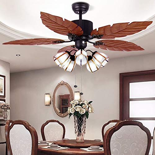 52'' Tropical Ceiling Fan with Remote Palm Wooden Leaf Ceiling Fan with 5 Glass Lampshade and Hand-Carved Reversible Blades for Indoor/Outdoor Living Room Bedroom Kitchen by Arkonfire