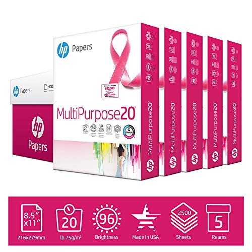 HP Printer Paper 8.5x11 MultiPurpose 20 lb 5 Ream Case 2500 Sheets 96 Bright Made in USA FSC Certified Copy Paper HP Compatible 115100PC