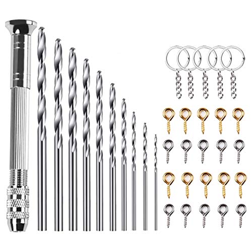 Resin Drill Pin Vise Drill Set, Cooyeah include Hand drill,10 Pieces Mini Twist Drill Bits, 200 Pieces Screw Eye Pins and 30 Pieces Key Chain Rings for Drilling Tool DIY Model Keychain Pendant Making