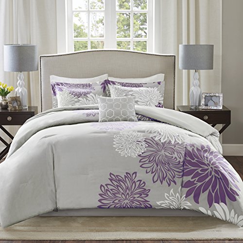 Comfort Spaces Enya 5 Piece Comforter Set Ultra Soft Hypoallergenic Microfiber Floral Print Bedding, Queen, Purple/Grey,CS10-0023