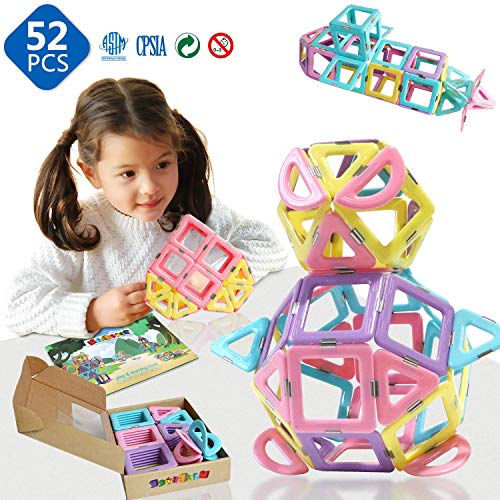 Magnetic 3D Magnet Toys 52 Pieces Set for Toddlers Boys Girls Gift Magnetic Building Blocks with Candy Color Toys