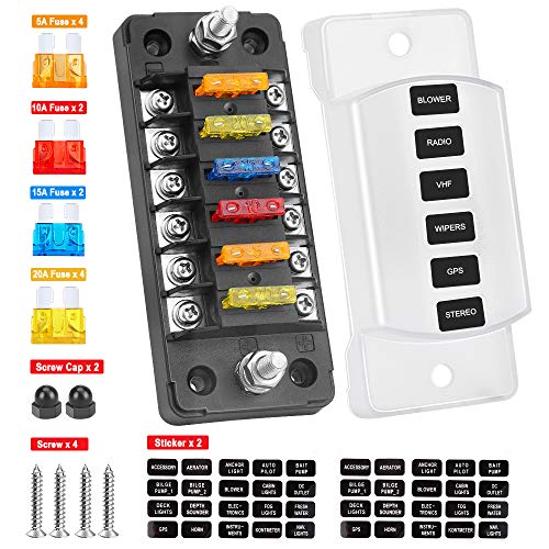Electop 6 Way Fuse Block Blade Fuse Box with Negative Bus, 6 Circuit Fuse Holder Fuse Block w/Negative Bus, Waterproof Protection Cover Sticker Labels for 12V/24V Automotive Car Truck Boat Marine RV