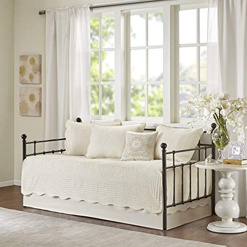 Madison Park Daybed Cover Set-Trendy Damask Quilting with Scalloped Edges All Season Luxury Bedding with Bedskirt, Matching Shams, Decorative Pillow, 75'x39', Tuscany Cream, 6 Piece