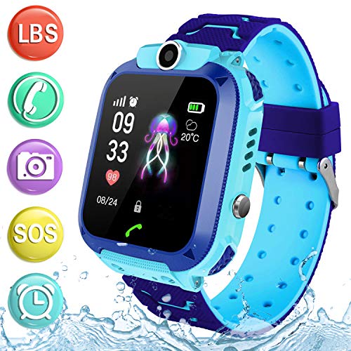 Kids Waterproof Smartwatch Phone - Children Touchscreen Watch Position LBS Locator with Call Voice Chat Games Alarm Clock SOS Wristband for Boys Girls Grade Student Gifts (Blue)
