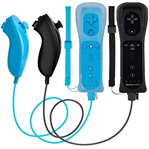 Wii Nunchuck Remote Controller 2 Pack with Motion Plus Compatible with Wii & Wii U Console | Wii Remote Controller with Shock Function (Black + Blue)