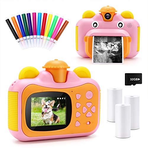 32GB Instant Print Cameras for Kids,Zero Ink 1080p Video Kids Digital 12MP Selfie Camera for Girls,INKPOT Birthday Gift Photo Printer Camera for Kids Age 6 7 8 9 10-Color Pens,Print Papers