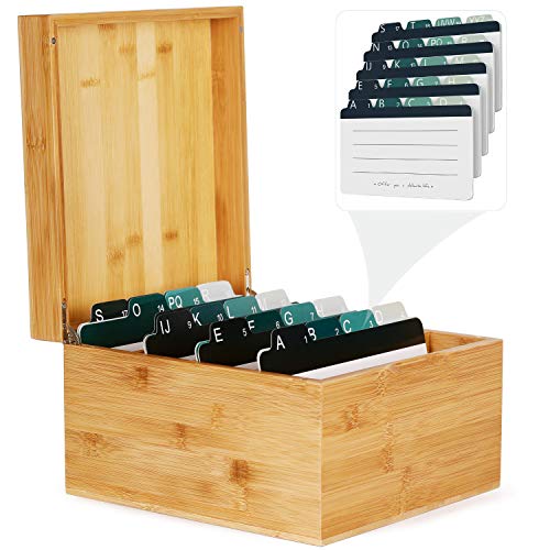 MaxGear Business Card Holder 5x8 inches Index Cards Organizer Box Desktop Card File Note Card Holders for Rolodex Wood Organizers, Bamboo, 4 Divider Boards for 600 Cards, A-Z Tabs, 10 x 9.3 x 6.1 inch