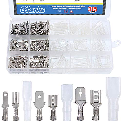 Glarks 315Pcs Quick Splice 2.8mm 4.8mm 6.3mm Male and Female Wire Spade Connector Wire Crimp Terminal Block with Insulating Sleeve Assortment Kit