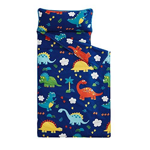 Wake In Cloud - Nap Mat with Removable Pillow for Kids Toddler Boys Girls Daycare Preschool Kindergarten Sleeping Bag, Dinosaurs Printed on Navy Blue, 100% Cotton with Microfiber Fill (55'x20')