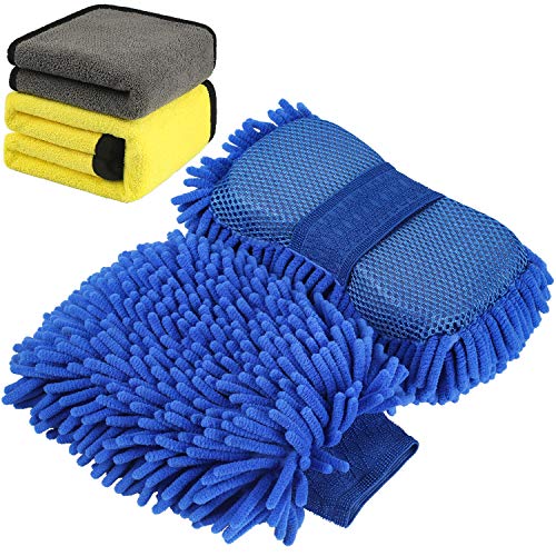 AUTODECO 4Pcs Car Wash Cleaning Kit - Premium Chenille Microfiber Wash Mitt 1Pcs, Wash Sponge Glove 1Pcs, Microfiber Towels 2Pcs - Lint Free - Scratch Free