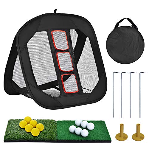 SUNHOO Pop-up Golf Chipping Net with Dual Turf Hitting Mat, Real Solid Practice Golf Ball and Tees Combo, Driving Range Target Swing Training Aids Backyard | Indoor | Outdoor