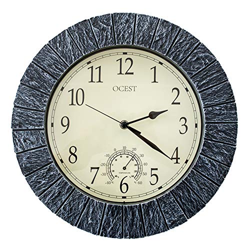 OCEST Large Wall Clock, 13 Inch Indoor Outdoor Clock Waterproof with Thermometer Large Display Silent Non-Ticking Battery Operated Modern Decor Clock for Bathroom Living Room Kitchen Pool Patio Garden