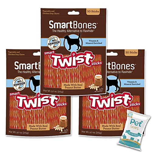 Pet Faves (3 Pack) Dog Twist Sticks Peanut Butter 150 Total Sticks (50 Sticks/Pack), Rawhide-Free Chews for Dogs 10ct Pet Wipes