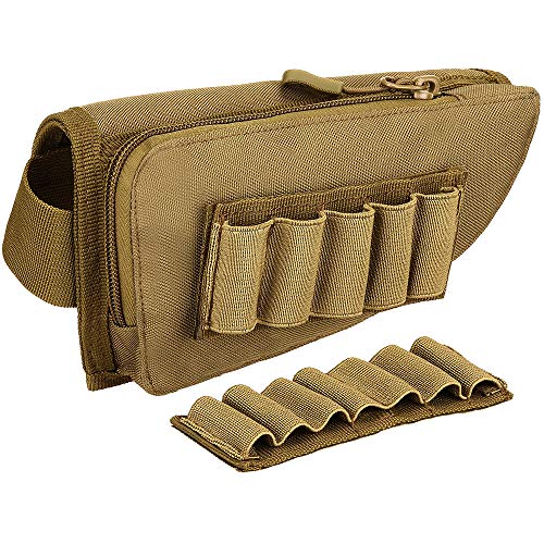 FARMSOLDIER Rifle Stock Pack Cheek Pad,Buttstock Ammo Holder Zippered Utility Pouch,Cheek Riser Padded Cheek Rest Pouch Tan