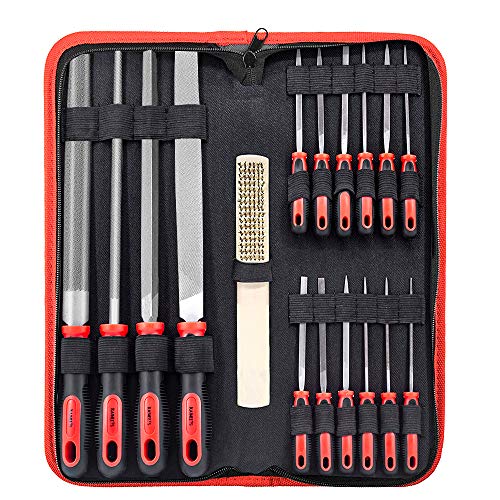 KAIWEETS American Pattern Files Set 17 PCS, Flat/Half-Round/Round/Triangle Large Files & 12pcs Needle Files with Carrying Case, Great for Woodwork/Model/DIY, Hand File Wood Rasp