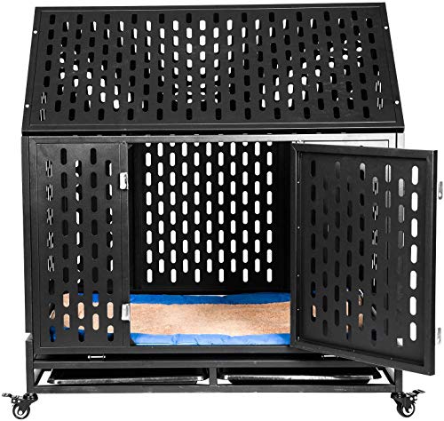 Haige Pet Your Pet Nanny 42'' Heavy Duty Dog Crate Cage Kennel Playpen Large Roof Steel Strong Metal for Medium and Large Dogs with Lock and Four Lockable Wheels