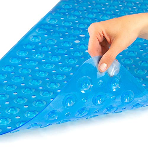 HealthSmart Antimicrobial Bath Mat with Non-Slip Suctions and Drain Holes, Extra Long, Light Blue