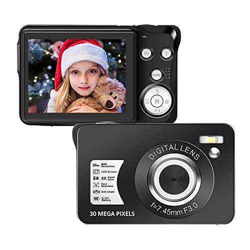 Digital Camera,30MP Compact Camera,2.7 inch Pocket Camera,Rechargeable Small Digital Camera for Kids,Students,School,Children,Photography with 8X Zoom (32GB SD Card Included)