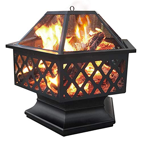 Yaheetech Hexagon Fire Pit Fireplace Portable Firepit Iron Brazier Wood Burning Coal Pit Hex Shaped Fire Bowl Stove with Spark Screen Cover for Outdoor Outside Camping Patio Garden Backyard 24in Black
