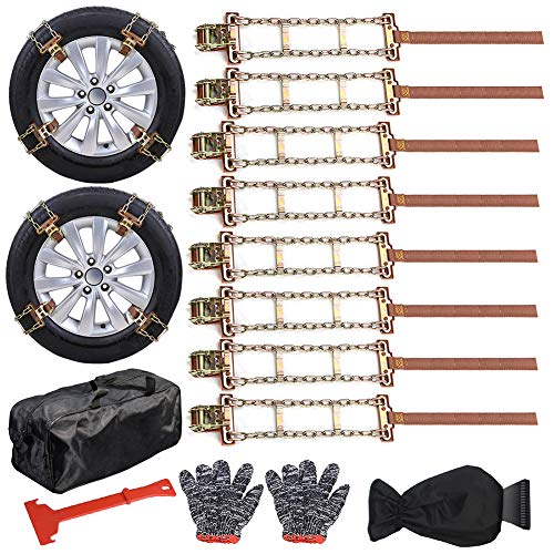 MOPHOTO Tire Chains Snow Chains for Cars/SUVs/Trucks/Pickups, Durable and Adjustable Anti Slip Tire Chains for Tire Width 215-285 mm/8.46-11.22' w/Ice Scrapper, Gloves (8)