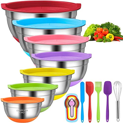 Mixing Bowls with Airtight Lids, CHAREADA 18pcs Stainless Steel Nesting Mixing Bowls Set – Non-slip Silicone Bottom, Size 7, 5.5, 4, 3.5, 2.5, 2, 1.5 QT, Fit for Mixing & Serving