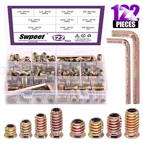 Swpeet 122Pcs Carbon Steel Color Zinc Plated Carbon Furniture Screw in Nut Threaded Wood Inserts Bolt Fastener Connector Hex Socket (1/4 + 5/16, Assortment Kit)