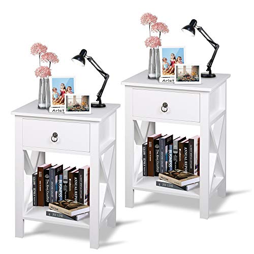 Night Stands for Bedrooms Set of 2, Goecixu Wooden Bedside Table with Drawer & Storage Shelf, Modern End Table Side Table for Living Room/Hallway/Office/Home Furniture