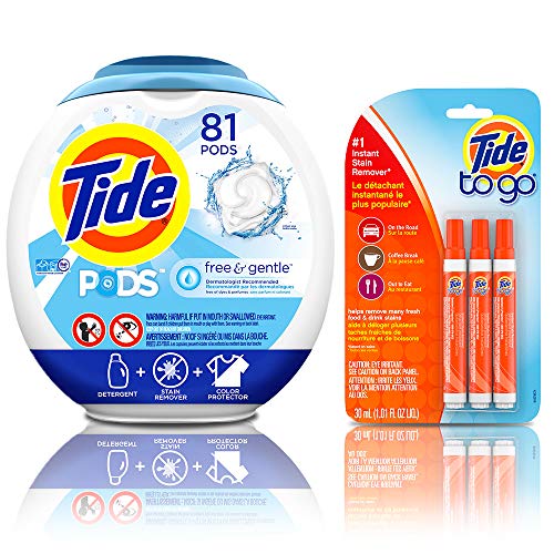 Tide Free and Gentle Laundry Detergent Pods, 81 Count, Unscented and Hypoallergenic for Sensitive Skin with Instant Stain Remover Liquid Pen, 3 Count