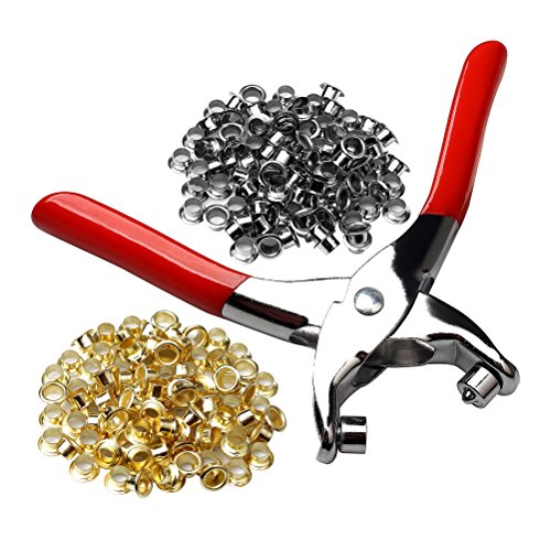 Pengxiaomei 1/4' Grommet Eyelet Setting Plier with 100 PCS Silver and 100 PCS Gold Eyelets Grommets, Grommet Tool Kit for Leather/Clothes/Shoes/Fabric/Belts etc.