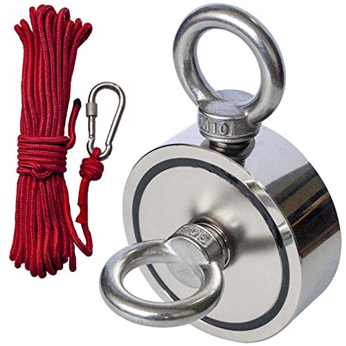 Magnet Fishing Kit N52 Neodymium - 960 Lbs Super Strong Rare Earth Neodymium with 33ft Rope Duble Sided Retrieval Magnet for Treasure Hunting Underwater Retrieving, Magnetic Recovery Salvage (Silver)