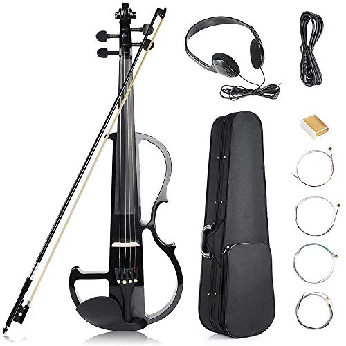 Vangoa - Black Full Size 4/4 Vintage Solid Wood Metallic Electronic Silent Mahogany Violin with Ebony Fittings, Carrying Case, Audio Cable, Rosin, Bow
