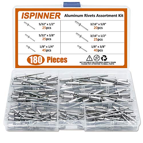 ISPINNER 180pcs 6 Sizes Aluminum Blind Rivets, Pop Rivets Assortment Kit