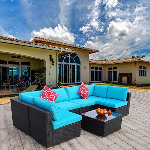 Polar Aurora 7 Pieces Outdoor Patio Sofa Set PE Rattan Wicker Sectional Furniture Outside Couch w/Blue Washable Seat Cushions & Modern Glass Coffee Table