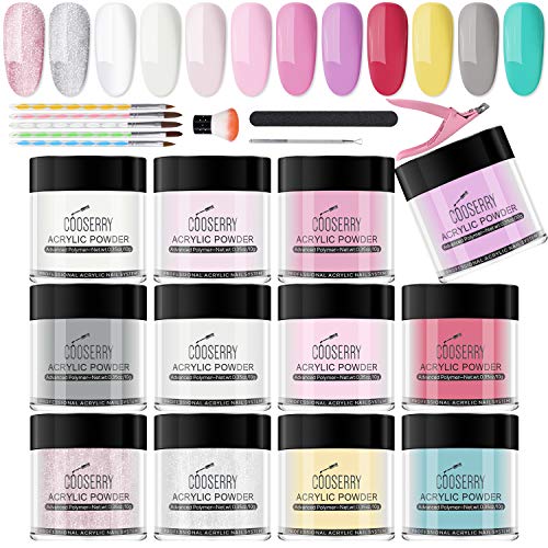 Cooserry Acrylic Powder Nail Kit - 12 Acrylic Nail Powder Set Different Vibrant Colors of 10g Each with Manicure Tools for Nail Art Design Acrylic Powder Set in Your Perfect Summer Nail Collection