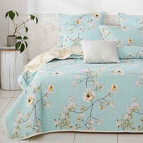 Joyreap 3 Pieces Reversible Floral Quilt Set Blue, Microfiber Soft Quilt, Elegant Flower Design Bedspread, Lightweight Bed Cover for All Season, 1 Quilt n 2 Pillow Shams (Full/Queen, 92x90 inches)