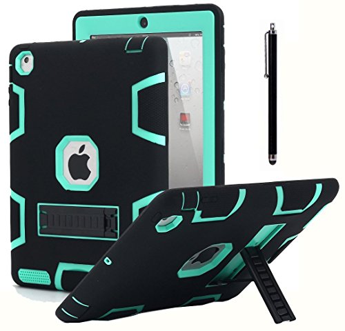 iPad 2 Case,iPad 3 Case,iPad 4 Case, AICase Kickstand Shockproof Heavy Duty Rubber High Impact Resistant Rugged Hybrid Three Layer Armor Protective Case with Stylus for iPad 2/3/4 (Black+Mint Blue)