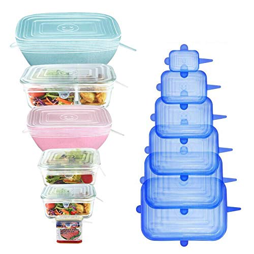 [12Pack] Longzon 12pcs Silicone Stretch Lids Rectangular, Reusable Durable Rectangular Food Storage Covers for Bowls, Cups, Cans, Fit Different Sizes & Shapes of Container, Dishwasher & Freezer Safe