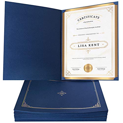 Blue Certificate Holders 8.5x11' (30 Per Set) - Gold Foil Border, Die Cut Corner Slots, Reinforced Edges - Protect and Secure Graduation Diploma, Recognition, Award, Documents // Paper Plan