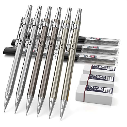 Nicpro 6PCS Mechanical Pencils Set, Metal Artist Drafting Pencil 0.5 mm and 0.7 mm Graph Pencil With 6 Tubes HB Lead Refills and 3 Erasers For Writing Draft, Drawing, Sketching -Come With Case