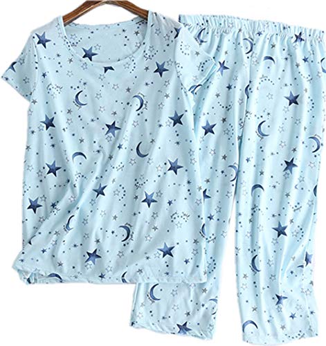 Women’s Pajama Set - Sleepwear Tops with Capri Pants Casual and Fun Prints Pajama Sets SY215-Blue Star-S