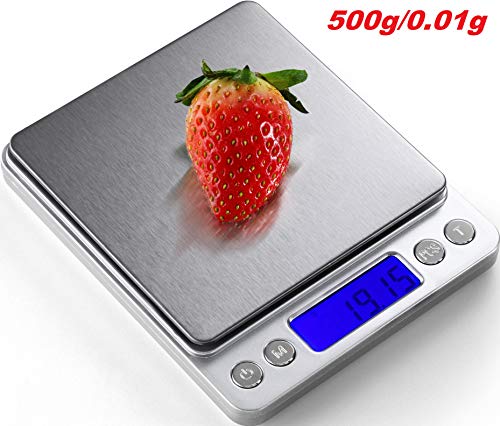 Digital Kitchen Scale 500g / 0.01g ; Mini Pocket Jewelry Scale, Food Scale for Kitchen, 2 Trays, 6 Units, Auto Off, Tare, PCS Function, Stainless Steel, Batteries Included